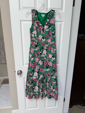J. Crew Green Floral Maxi Dress with Pink & White Flowers